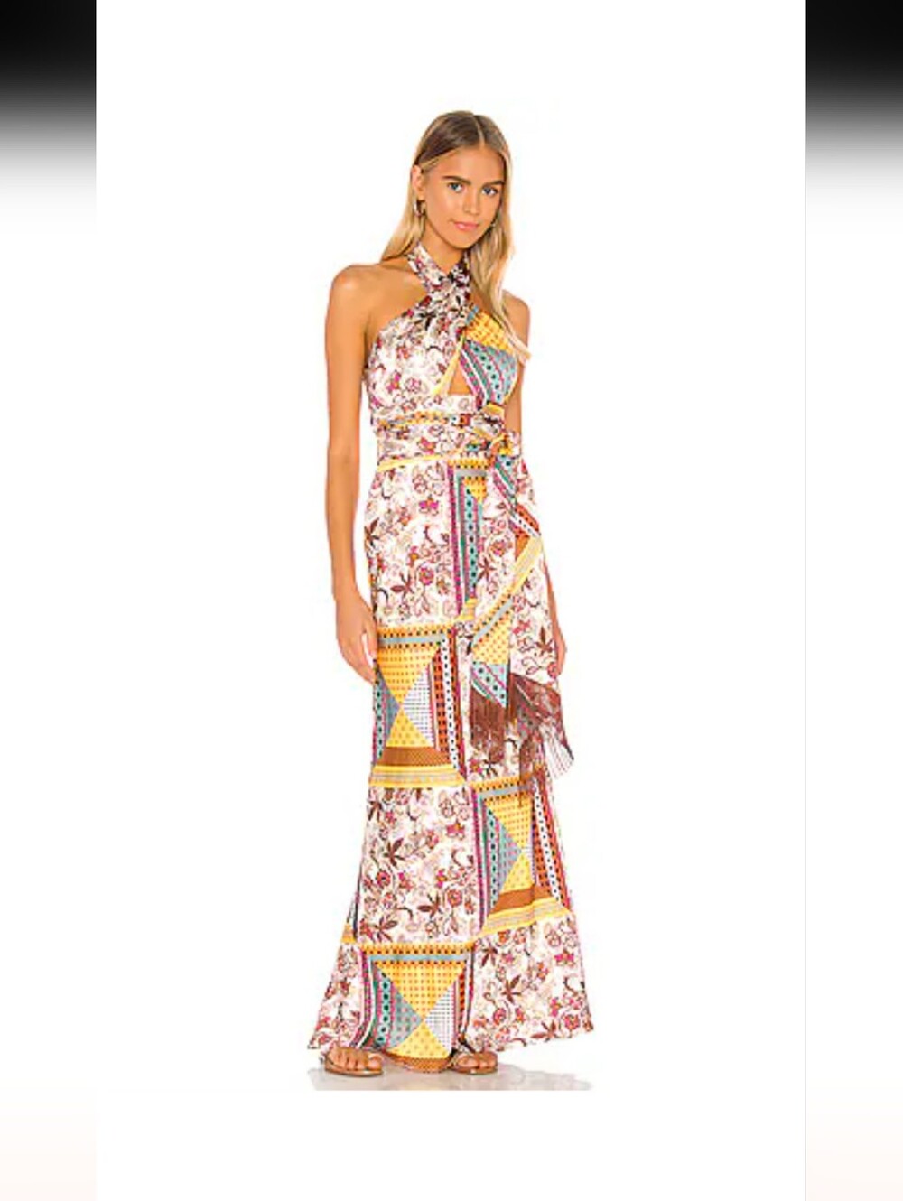 House Of Harlow x Revolve Tianna Maxi Dress in Patchwork Halter Satin Boho Indie